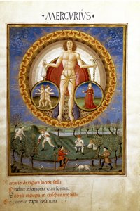 Merkur mit den Tierkreiszeichen Jungfrau und Zwillinge. Bauern bei der Feldarbeit (Miniatur, ca. 1470)