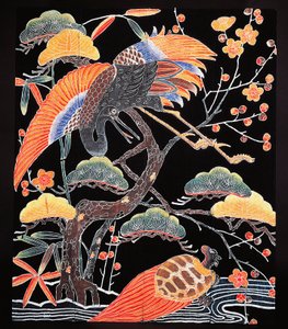 Kraniche und Langschwanzschildkröte (tsurugame) Detail von Kimonostoff mit glückverheißenden Motiven, japanische Zivilisation, Edo-Zeit