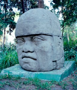 Präkolumbische Zivilisation: kolossaler Olmekenkopf. 10.-7. Jahrhundert v. Chr. Mexiko, Park Musée de La Venta