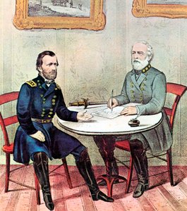 Treffen der Generäle Grant (links) und Lee, Amerikanischer Bürgerkrieg, 1865 von Currier and Ives