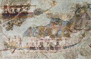Flotte von Schiffen, Fresko aus Thera, Südliche Kykladeninseln, Griechenland, Kykladische Zivilisation, 3.-2. Jahrtausend v. Chr.