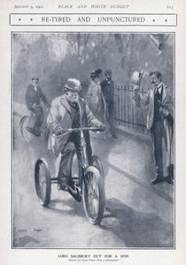 Englischer konservativer Politiker und Premierminister Lord Salisbury fährt Dreirad (Lithografie) von Cyrus Cuneo