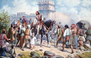 Karl IV. begrüßt einfache Leute während seiner Erweiterung der Befestigungen von Prag im Jahr 1361, frühe 20. Jahrhundert Postkarte von Czech School