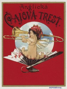 Produktetikett mit einem Cherub, der Posaune spielt von Czech School