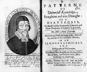 Titelseite und Frontispiz zu A Patterne of Universall Knowledge, einschließlich eines Porträts von Jan Amos Komensky, graviert von George Glover, 1651 von Czech School