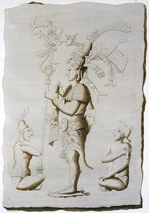 Ein König, Skulptur aus dem Palast, Palenque, Chiapas, Mexiko (Farbstich) von D.K. (after) Bonatti