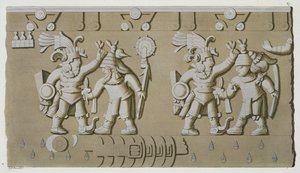 Basrelief antiker aztekischer Krieger, aus dem Stein von Tizoc, der einen Herrscher zeigt, der seine Gefangenen am Kopf hält