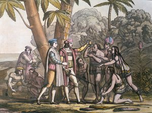 Die Ankunft von Christoph Kolumbus in der Neuen Welt und sein Treffen mit den indigenen Völkern