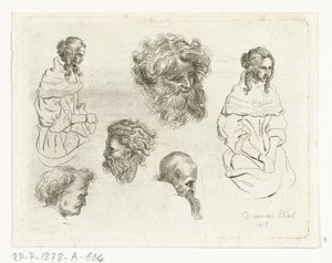 Studienblatt mit Köpfen und Frauenkörpern von D. van den Bosch
