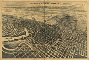 Ansicht der Stadt Stockton, der Industriestadt Kaliforniens. Zeigt die Lage des East Stockton-Zusatzes von Dakin Publishing Co.