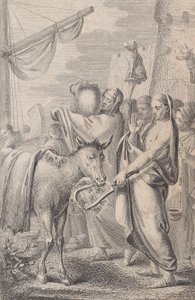 Figuren rechts in der Nähe eines Schiffes, einige halten Tiere über ihren Köpfen, ein Pferd links, 1783 von Daniel Berger