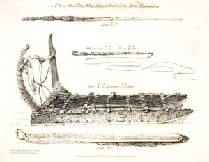 Ein Knochenschlitten, Hundewhip, Speer und Messer der arktischen Hochländer, Illustration aus 