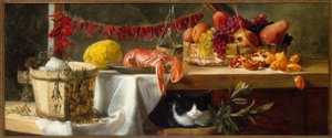 Stillleben mit Peperoni, Früchten, einem Hummer und einer Katze