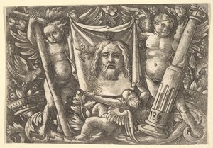 Das Schweißtuch, gehalten von zwei Engeln, ca. 1515 von Daniel Hopfer