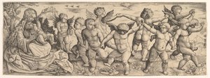 Jungfrau und Kind mit tanzenden Engeln in einer Landschaft (1530er Jahre) von Daniel Hopfer