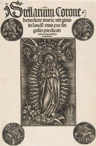 Jungfrau auf einer Mondsichel, Titelseite aus Pelbartus de Temesvar: Stellarium corone Schr. 2869, 1502