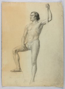 Zeichnung, Männlicher Akt mit einem Fuß auf einer Stufe, 1858 von Daniel Huntington