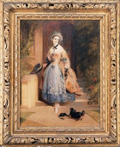 Porträt von Louisa Jane, Marchioness of Abercorn, klein in voller Länge, in einem aufwendig bestickten gelben und blauen Kleid, am Eingang eines Hauses, mit einem Spaniel, 1832 von Daniel Maclise