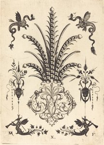 Brosche mit Tischsteinen, Drachen oben und geflügelten Monstern, die unten Hörner blasen von Daniel Mignot
