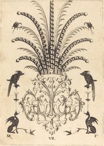 Brosche mit Tischsteinen, fliegenden Skorpionen oben und Hunden unten von Daniel Mignot