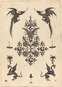 Brosche mit Tischsteinen, geflügelten Drachen oben und Greifen unten von Daniel Mignot