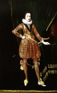 Porträt von König Karl I. als Prinz von Wales, in voller Länge, vor einem grünen Samtvorhang, mit dem Orden des Heiligen Georg, einem goldbestickten Wams und Kniehosen, seine linke Hand ruht neben seinem Hut auf einem Tisch