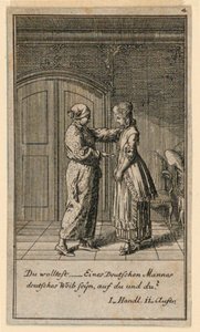 Ein Vater oder Vormund spricht mit einem Mädchen, Illustration des Stücks "Nicht mehr als sechs Schüsseln" von Friedrich Wilhelm Grossmann in "Königl: Grosbrit [anische] Genealogischer Kalender auf das 1782 Jahr Lauenberg bey J.G. Berenberg" von Daniel Nikolaus Chodowiecki