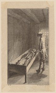 Bunkel betrachtet das Skelett John Ortons, Blatt 4 aus "Leben Bemerkungen und Meinungen Johann Bunkels" von Daniel Nikolaus Chodowiecki