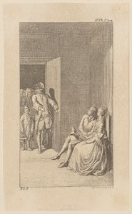 Bunkel wird bei einer Unterhaltung mit Miss Spence von irischen Edelleuten überrascht, Blatt 13 aus "Leben Bemerkungen und Meinungen Johann Bunkels" von Daniel Nikolaus Chodowiecki