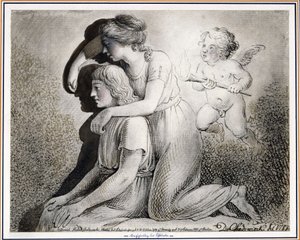 Die Erfindung der Zeichenkunst: Ein Mädchen zeichnet, von Amor angefeuert, die Silhouette eines links vor ihr sitzenden Jünglings an die Wand von Daniel Nikolaus Chodowiecki