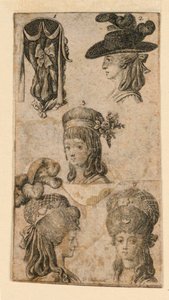Fünf Kopfbedeckungen für Frauen, zwei Fragmente von Illustrationen für "Königl: Grosbrit[anische] Genealogischer Kalender auf das Jahr 1781 Lauenberg bei J.G. Berenberg"