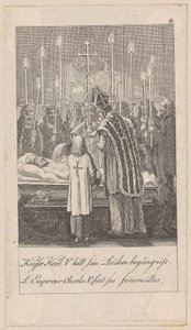 Kaiser Karl V. hält sein Leichenbegängnis, Blatt 4 der Folge "Ältere, mittlere und neuere Geschichte" von Daniel Nikolaus Chodowiecki