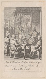 Karl V belehnt den Kurfürsten Moritz von Sachsen, Blatt 3 der Folge „Ältere, mittlere und neuere Geschichte“ von Daniel Nikolaus Chodowiecki
