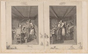 Ludwig unterhält die Familie kümmerlich durch seine Arbeit [links]; Der Vater kehrt mit Schätzen bereichert zu seiner Familie zurück [rechts] von Daniel Nikolaus Chodowiecki