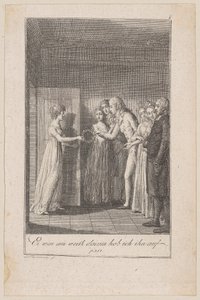 Minchen bringt ihrem Geliebten den vertrockneten Kranz, Blatt 8 der Folge "Der Ruf in die Stadt" von Daniel Nikolaus Chodowiecki