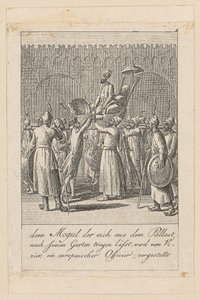 Mogul lässt sich aus dem Palast in den Garten tragen, Blatt 5 der Folge "Ostindische Gebräuche" von Daniel Nikolaus Chodowiecki
