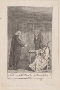 Pfarrer von Morkendorf bringt Minchen in Verlegenheit, Blatt 5 der Folge „Der Ruf in die Stadt“ von Daniel Nikolaus Chodowiecki