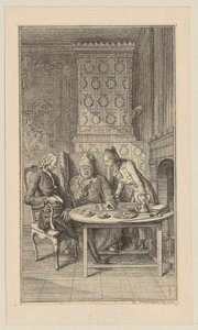 Sebaldus, der alte und junge Säugling am Tisch mit einem Lotterieschein von Daniel Nikolaus Chodowiecki