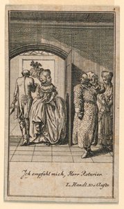 Das ältere Paar beendet hochmütig einen Besuch, Illustration des Stücks "Nicht mehr als sechs Schüsseln" von Friedrich Wilhelm Grossmann in "Königl: Grosbrit [anische] Genealogischer Kalender auf das 1782 Jahr Lauenberg bey J.G. Berenberg" von Daniel Nikolaus Chodowiecki