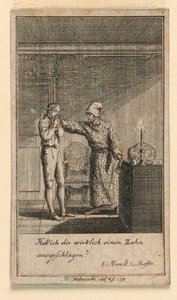 Die Ohrfeige, Illustration des Stücks "Nicht mehr als sechs Schüsseln" von Friedrich Wilhelm Grossmann in "Königl: Grosbrit [anische] Genealogischer Kalender auf das 1782 Jahr Lauenberg bei J.G. Berenberg" von Daniel Nikolaus Chodowiecki