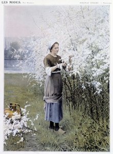 Frühling: Frau sammelt Blumen - Illustration von R. Knight, ca. 1905