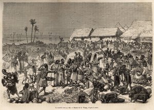 Ein sehr belebter Marsch in der Nähe des Kongo-Flusses, der mehr als dreitausend Menschen zusammenbringt, geätzt nach einer Zeichnung von D. Vierge, zur Illustration von David Livingstones letztem Tagebuch (1813-1873), 1866-1873, veröffentlicht in „Le tour von Daniel Urrabieta Vierge