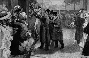 Louise Michel kehrte nach Frankreich zurück (1830-1905) nach seiner Deportation wegen seiner Teilnahme an der Pariser Kommune. Sie wurde am Bahnhof Saint Lazare (Saint-Lazare) von Henri Rochefort (1831-1913), Louis Blanc (181-1882) und George Clemenceau (1 von Daniel Urrabieta Vierge
