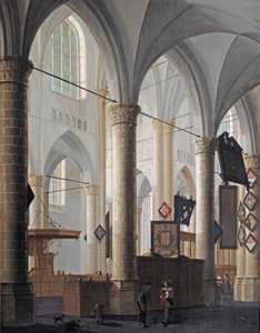 Das Innere der Grote Kerk in Dordrecht, mit Figuren, die sich unterhalten, und spielenden Kindern von Daniel de Blieck