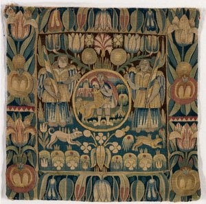 Wandteppichkissenbezug, der Samson darstellt, der den Löwen erschlägt, hergestellt in Schleswig-Holstein, Dänemark, ca. 1615 von Danish School