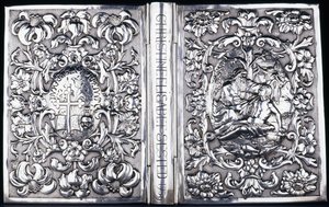 Ober- und Unterbuchdeckel mit Laubwerk und einem Bild des barmherzigen Samariters, 1740 von Danish School