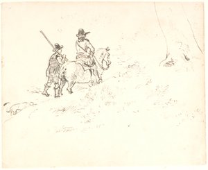 Ein Reiter gefolgt von einem Mann zu Fuß, beide in älterer Tracht von Dankvart Dreyer