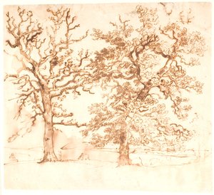 Landschaft mit großen Eichen im Vordergrund