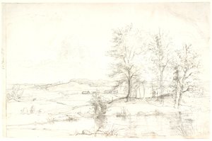 Aussicht über eine hügelige Waldlandschaft. Im Vordergrund ein See von Dankvart Dreyer