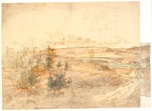 Weite Aussicht über eine Landschaft mit großen Hügeln um einen Wiesenbach. Westfünen?